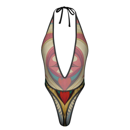 LuckeLadybug unique swimwear for women deep V-neck halter one-piece swimsuit with colorful abstract design