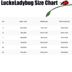LuckeLadybug size chart for jumpsuits showing measurements for length waist and foot mouth in cm and inches