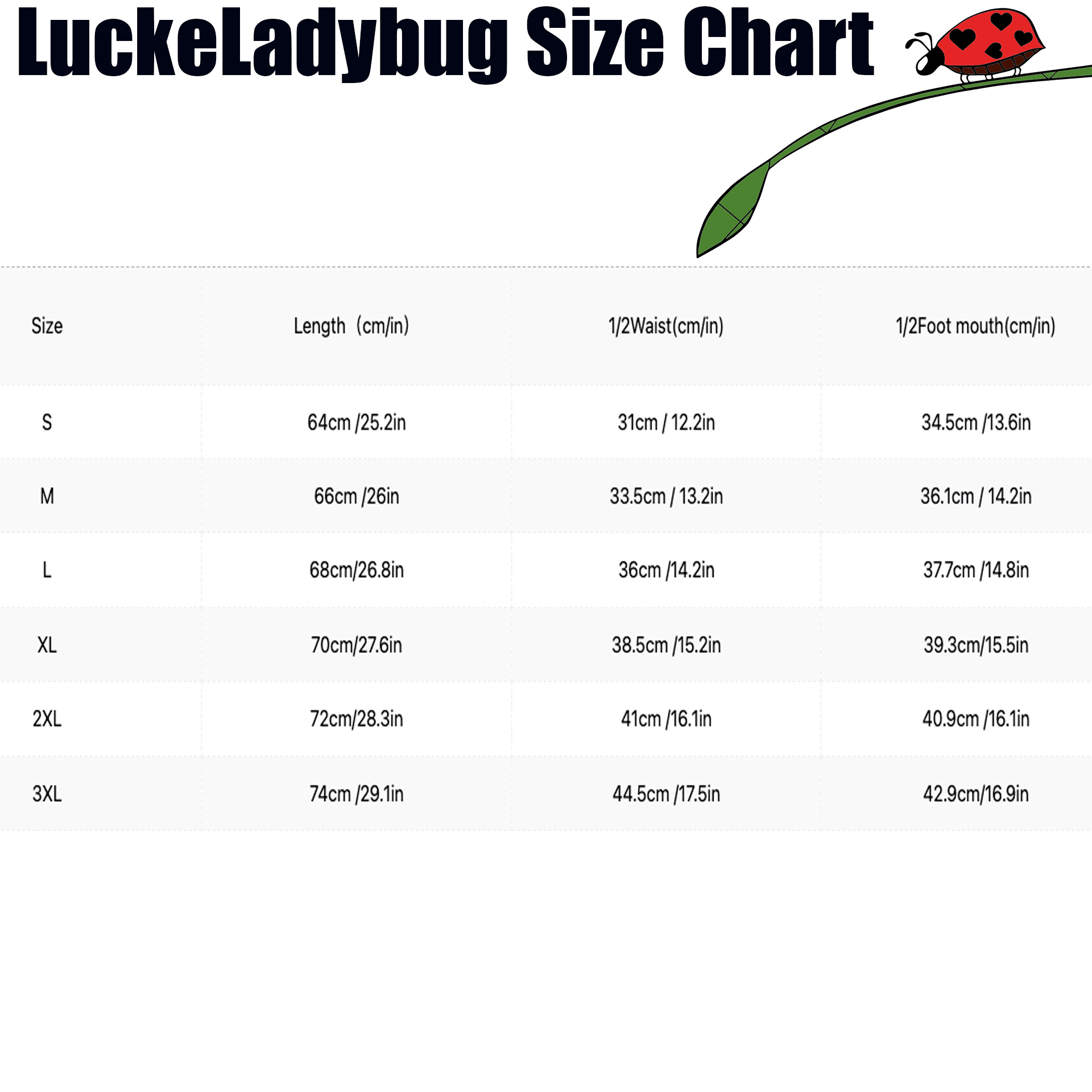 LuckeLadybug size chart for jumpsuits showing measurements for length waist and foot mouth in cm and inches