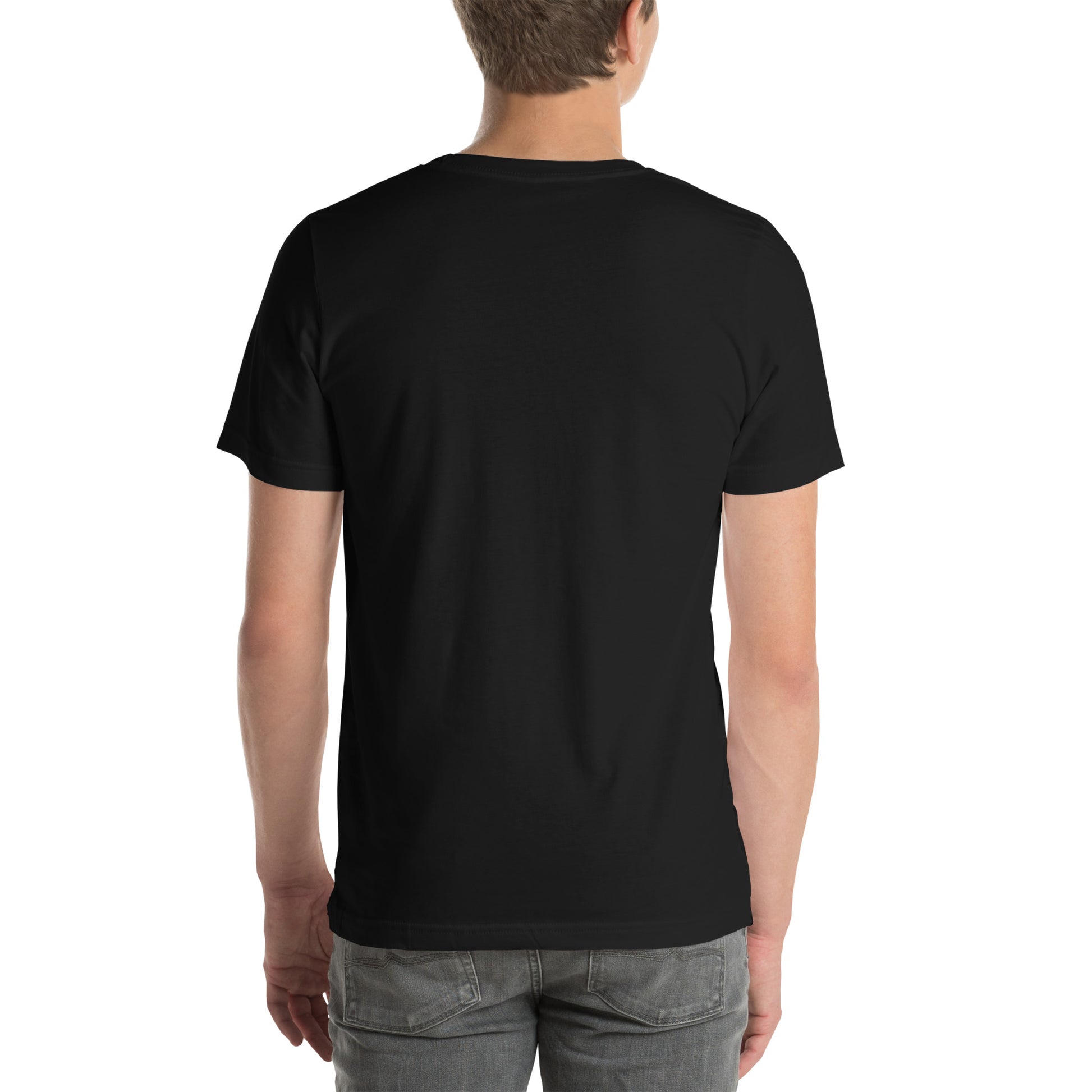 Back view of black USA pride unisex t shirt worn by a male model with short sleeves and crew neck
