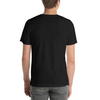 Back view of black USA pride unisex t shirt worn by a male model with short sleeves and crew neck