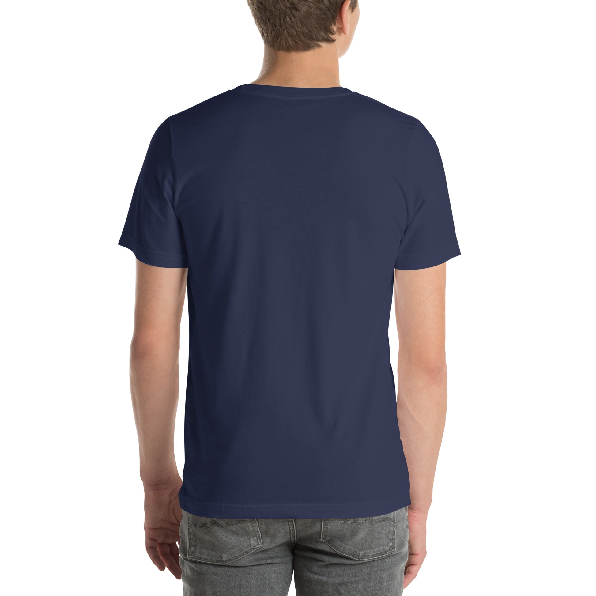 Back view of navy blue USA pride unisex t shirt worn by male model with short sleeves