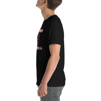 Black USA pride unisex t shirt worn by male model showing side view with patriotic graphic
