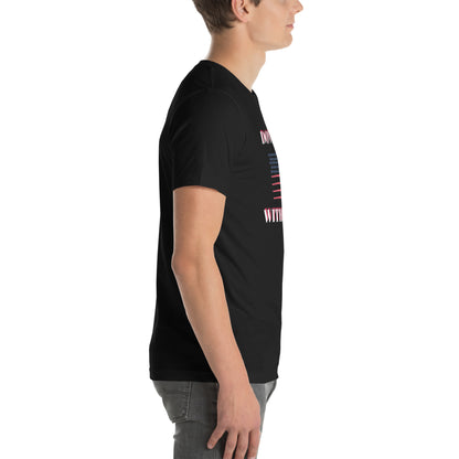 Side view of man wearing black USA pride unisex t shirt by LuckeLadybug with patriotic design