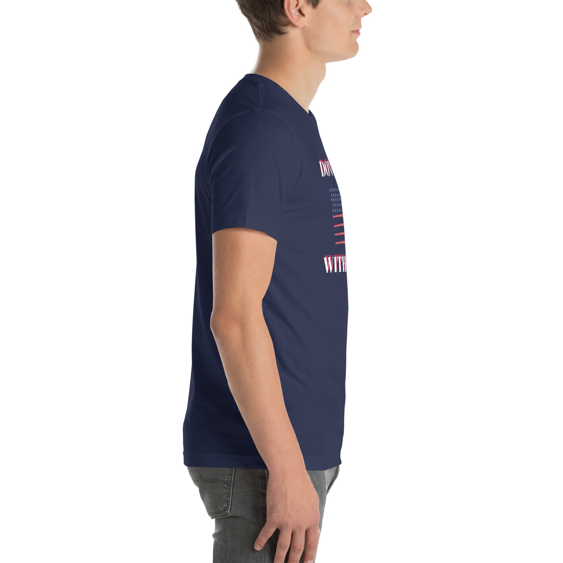 Navy blue USA pride unisex t shirt worn by male model in side view showcasing fit and sleeve