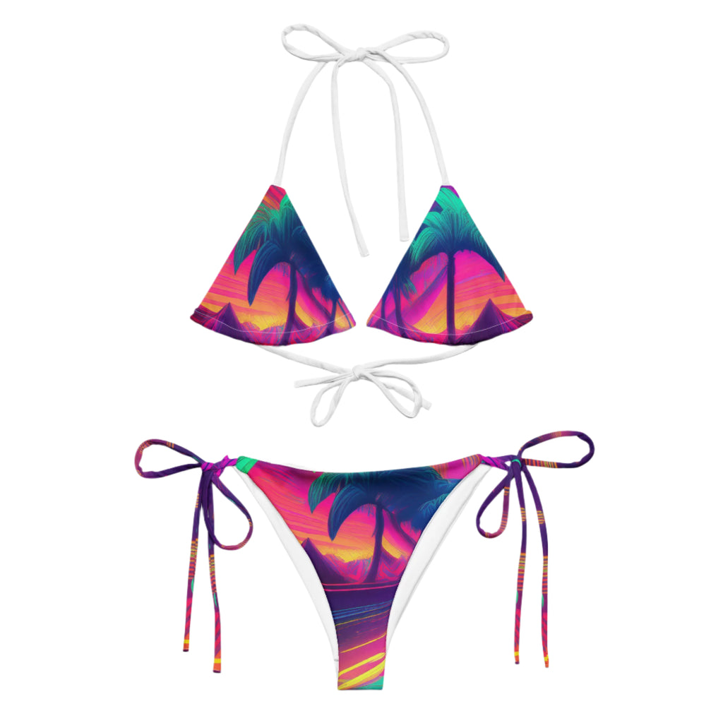 LuckeLadybug vibrant bikini set with tropical sunset palm tree print and adjustable tie straps