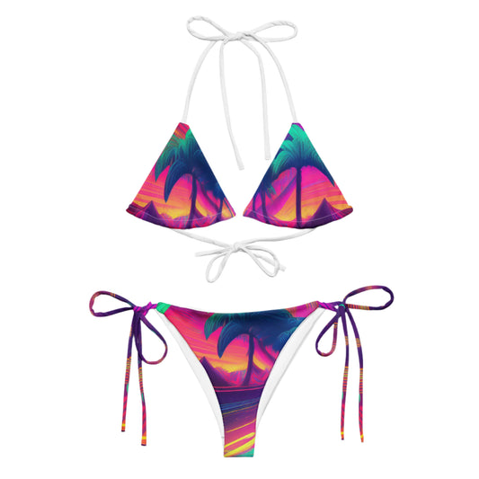 LuckeLadybug vibrant bikini set with tropical sunset palm tree print and adjustable tie straps
