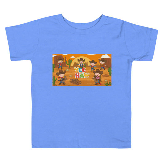 LuckeLadybug western toddler t shirt in blue with colorful cowboy kids and Yee Haw design