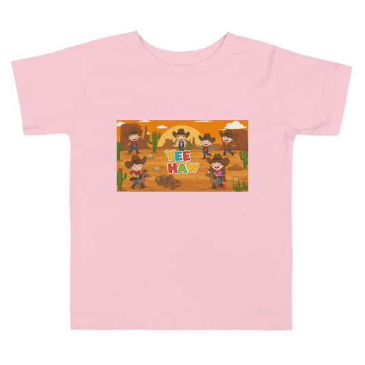 Pink western toddler t shirt with cartoon cowboys and colorful Yee Haw text by LuckeLadybug