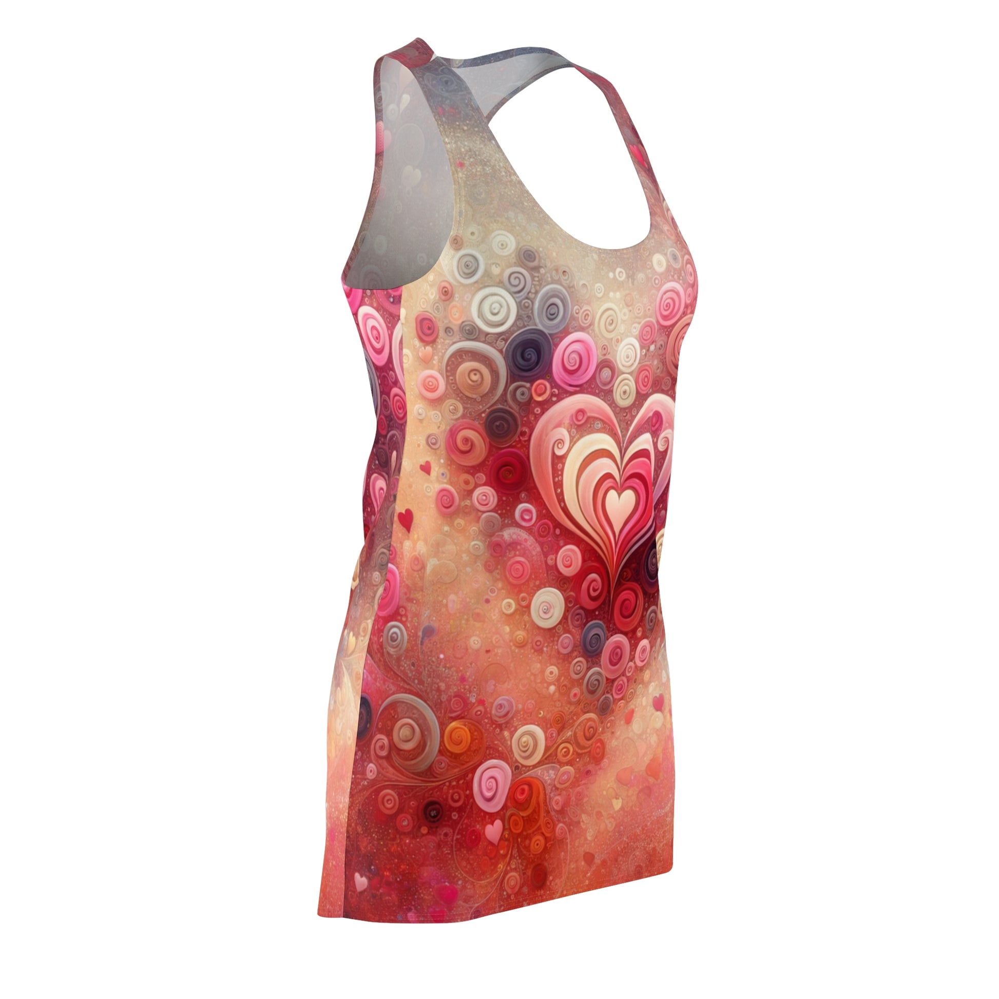 LuckeLadybug women's abstract heart dress racerback style with vibrant pink and red swirl patterns