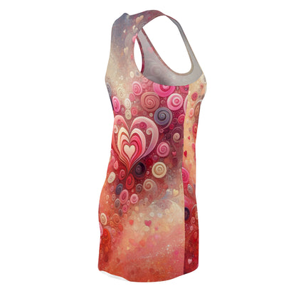 LuckeLadybug women's abstract heart dress racerback style with pink and red swirl heart pattern