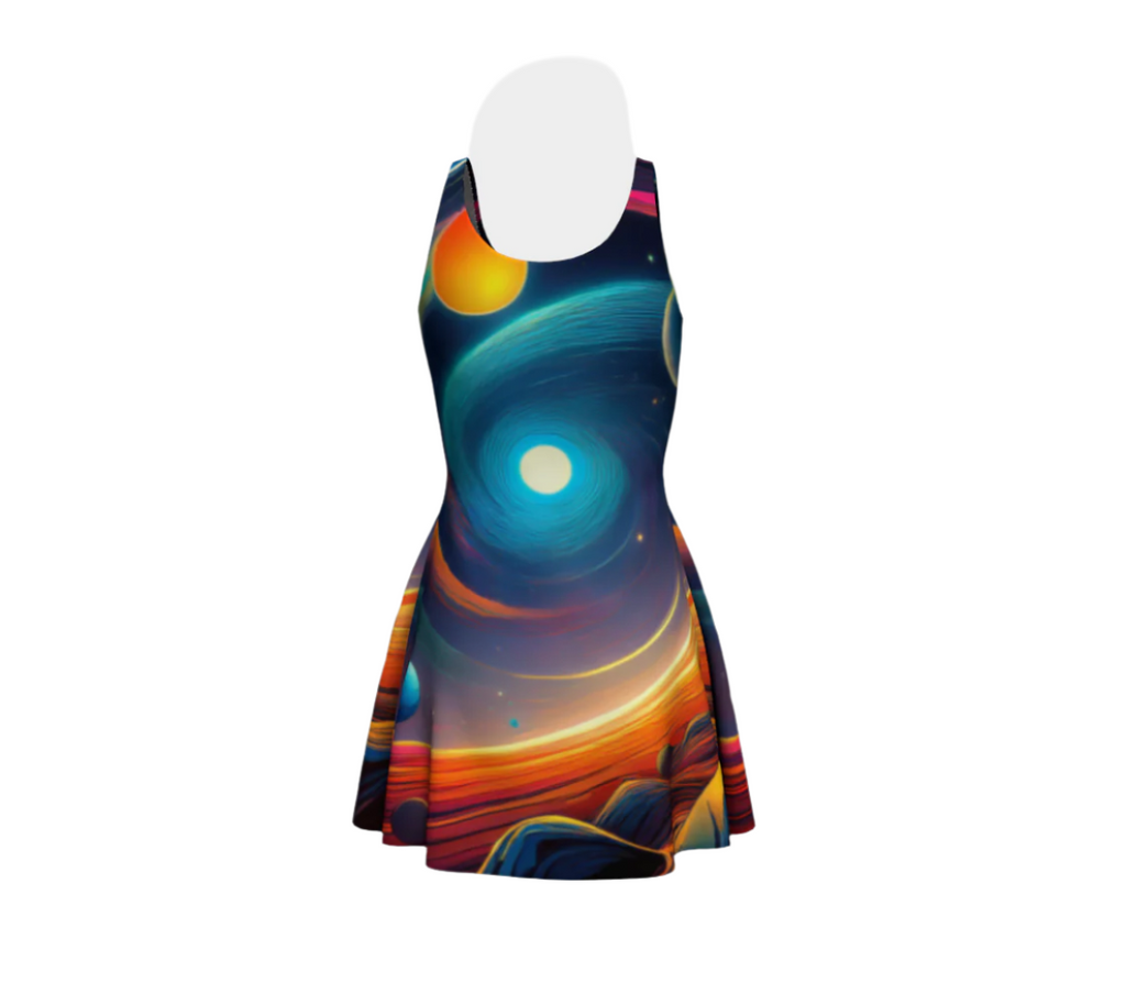 Luckeladybug flare dress featuring vibrant women's cosmic fashion dress design with planets and swirling stars