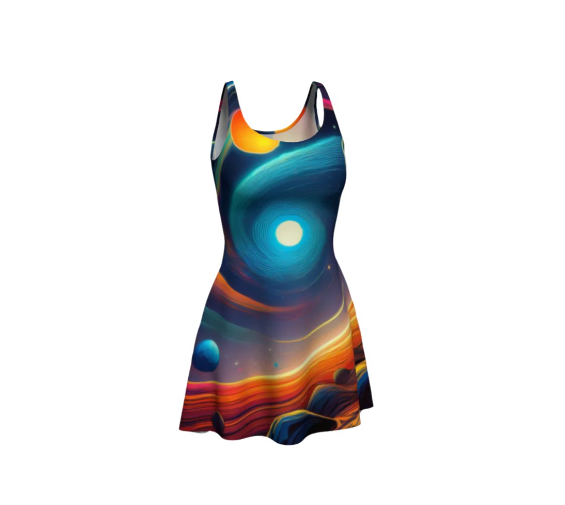 Luckeladybug women's cosmic fashion dress flare style with vibrant space and planet design