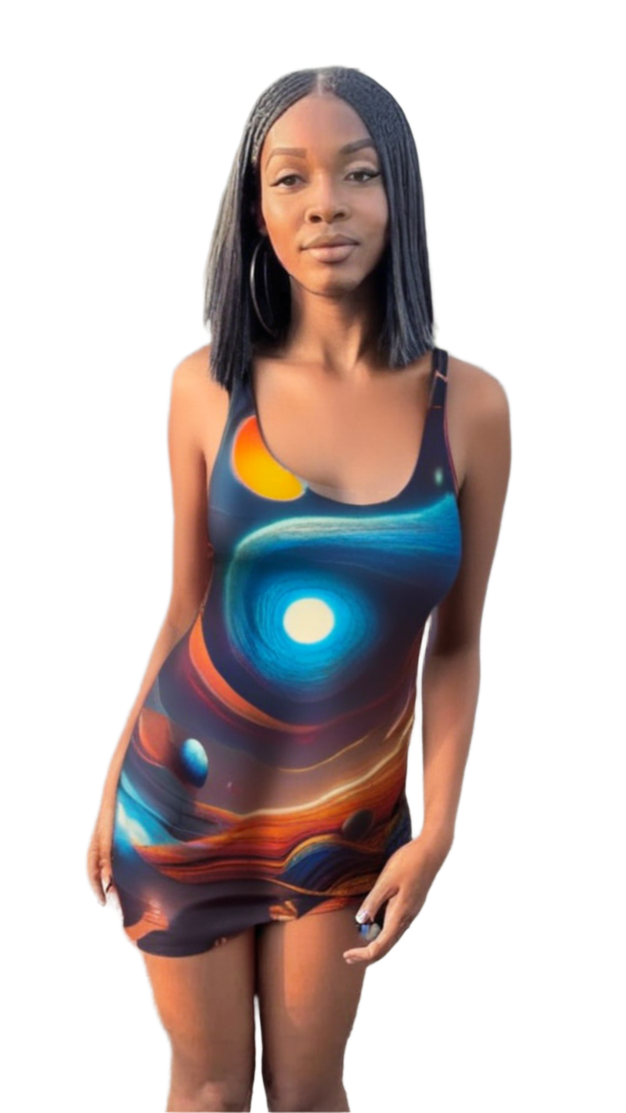 luckeladybug women's cosmic fashion dress with vibrant solar system flare design and fitted silhouette