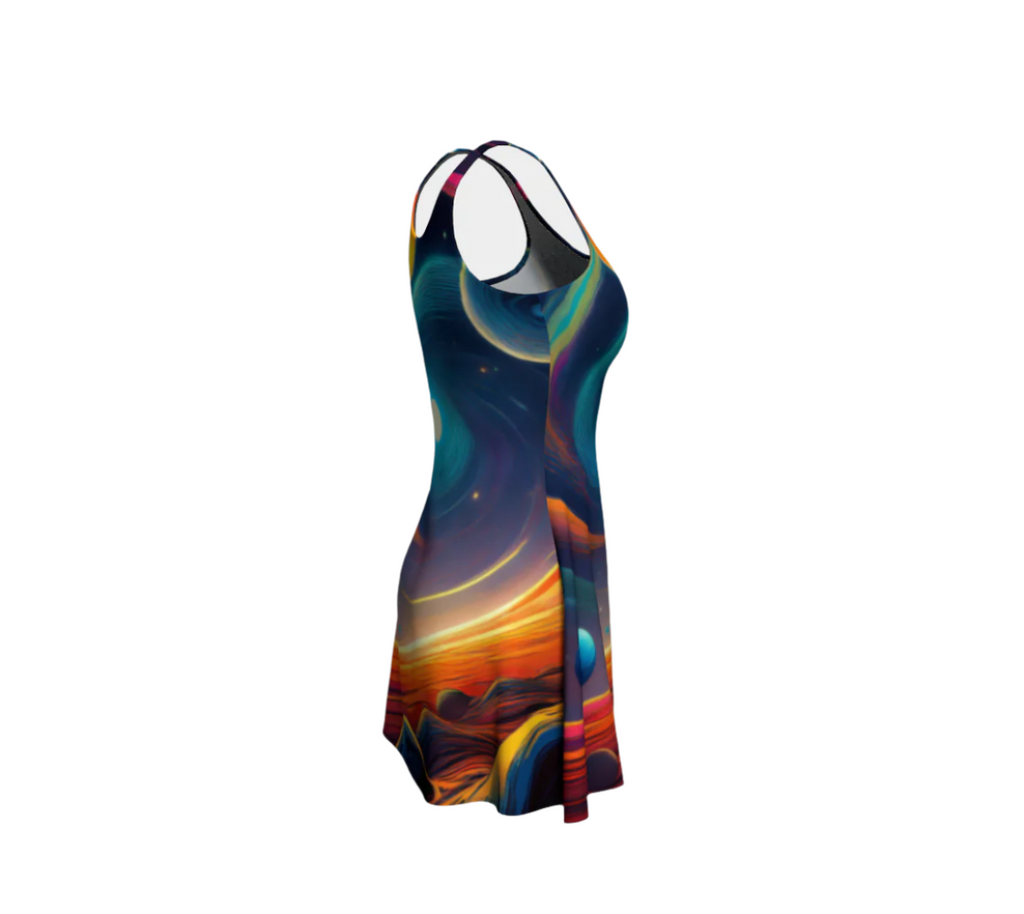 Luckeladybug women's cosmic fashion dress flare style with vibrant space-themed print