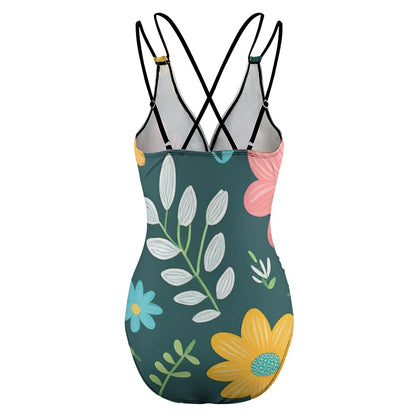luckeladybug women's floral swimwear one-piece with multicolor flower print and crisscross straps