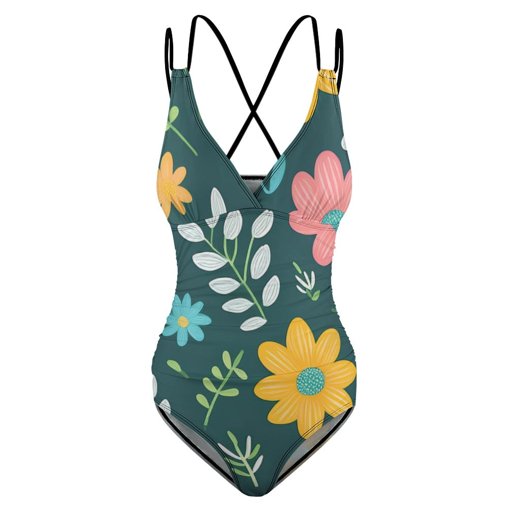 luckeladybug women's floral swimwear one-piece swimsuit with colorful large flower print and crisscross straps