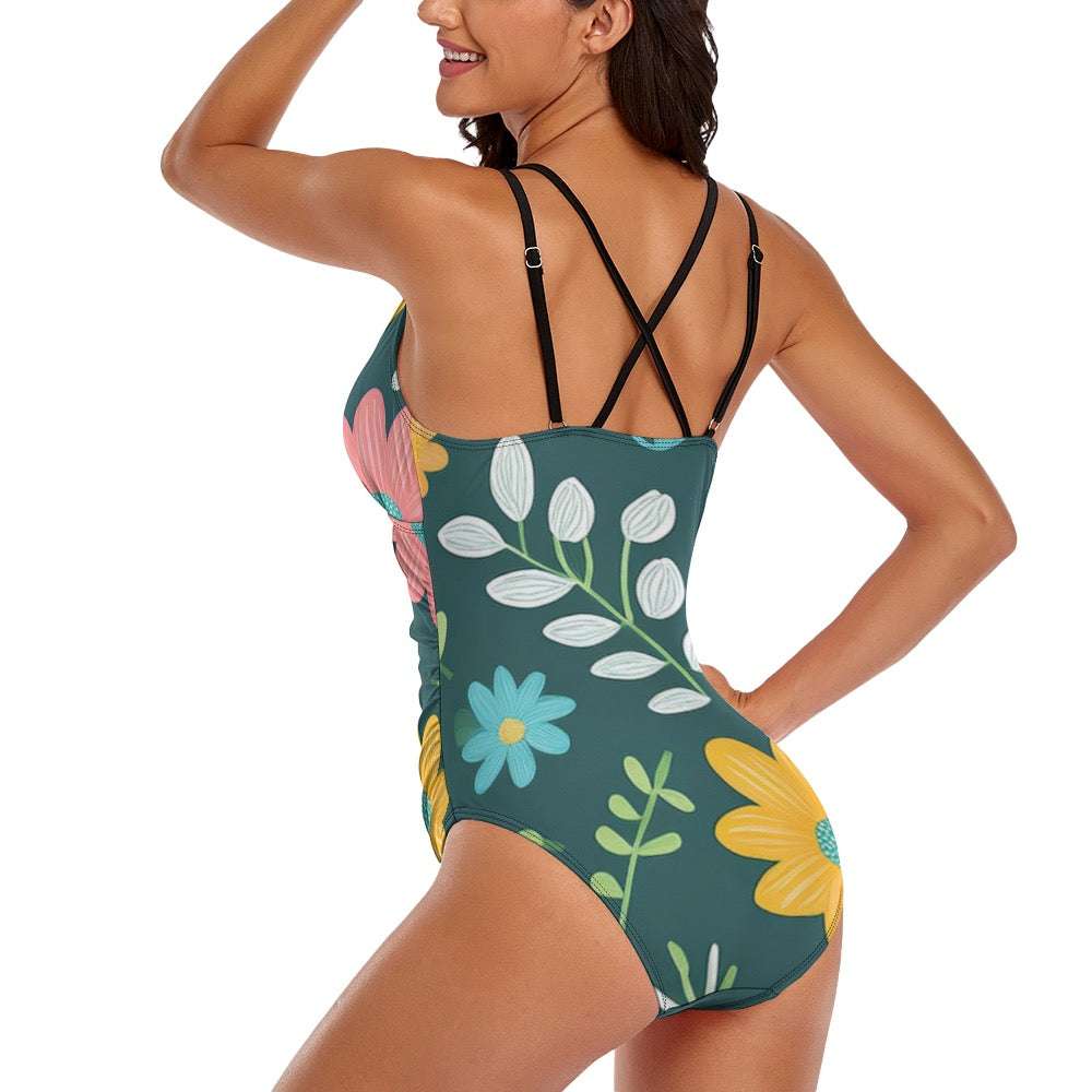Luckeladybug women's floral swimwear one-piece with colorful flower print and adjustable black straps