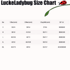 LuckeLadybug size chart for women's floral swimwear one-pieces showing bust waist leg measurements and cup sizes
