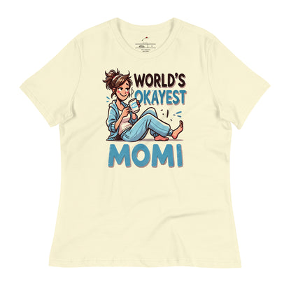 LuckeLadybug World's Okayest Momi T-shirt with a fun graphic design featuring a relaxed mom