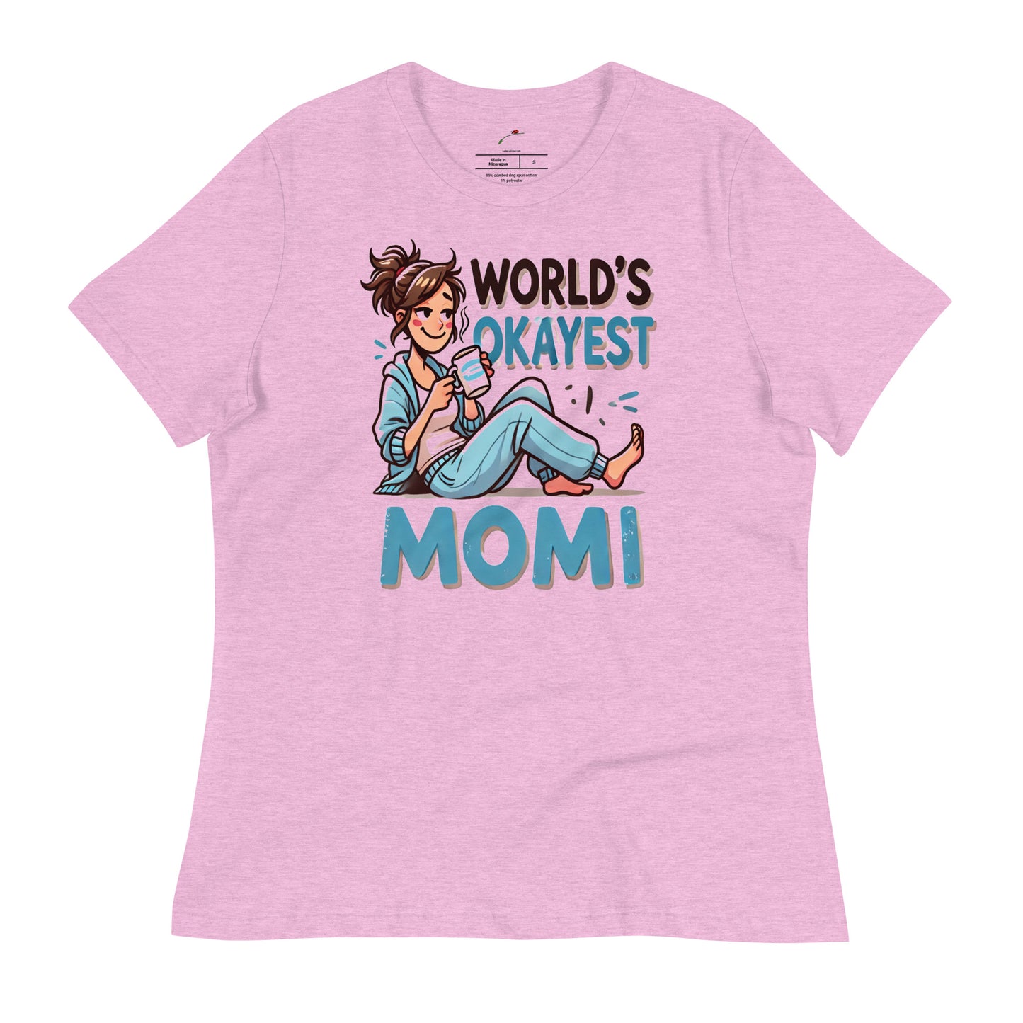 LuckeLadybug World's Okayest Momi T-shirt in pink featuring a playful design and relaxed fit