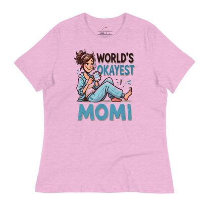 LuckeLadybug World's Okayest Momi T-shirt in pink featuring a playful design and relaxed fit