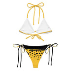 yellow black abstract bikini with white and yellow triangle top and yellow black polka dot tie-side bottoms
