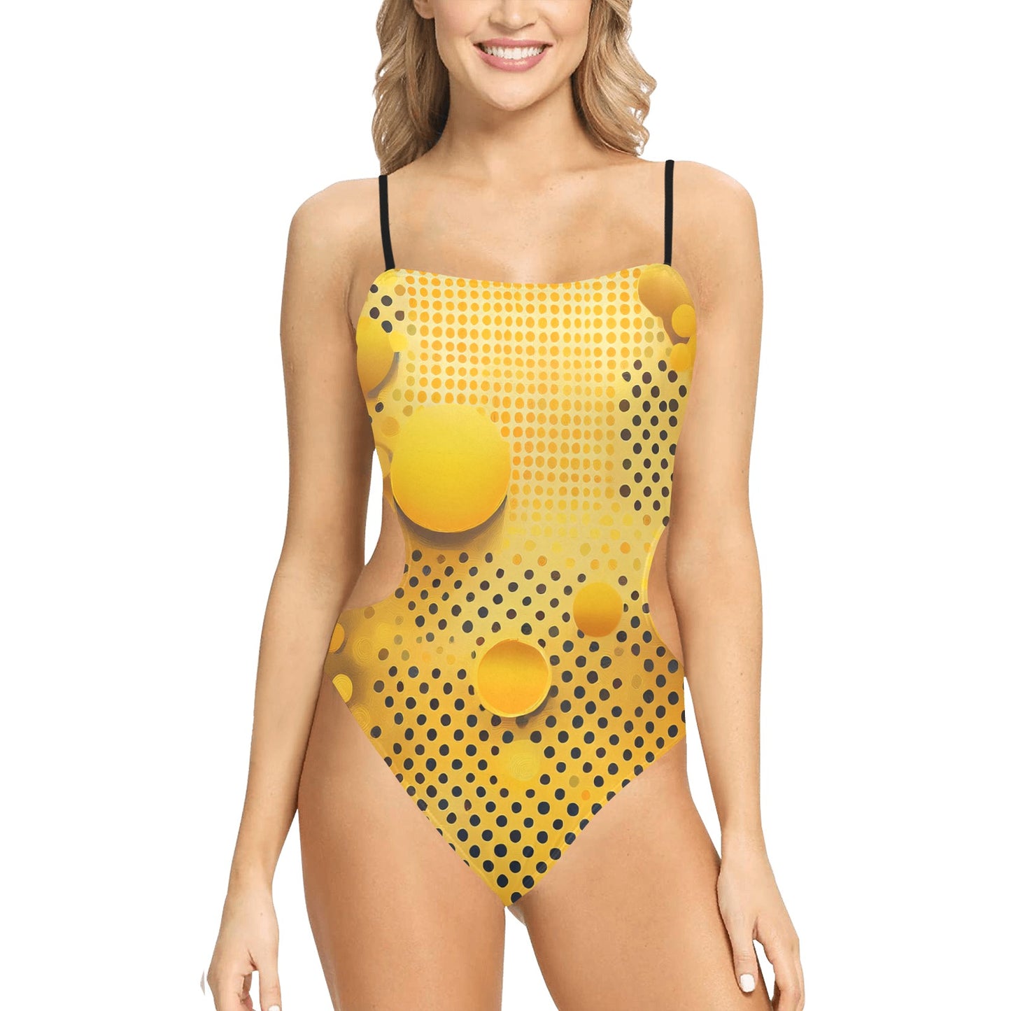yellow polka dot swimsuit with black strap one-piece design and modern circular pattern