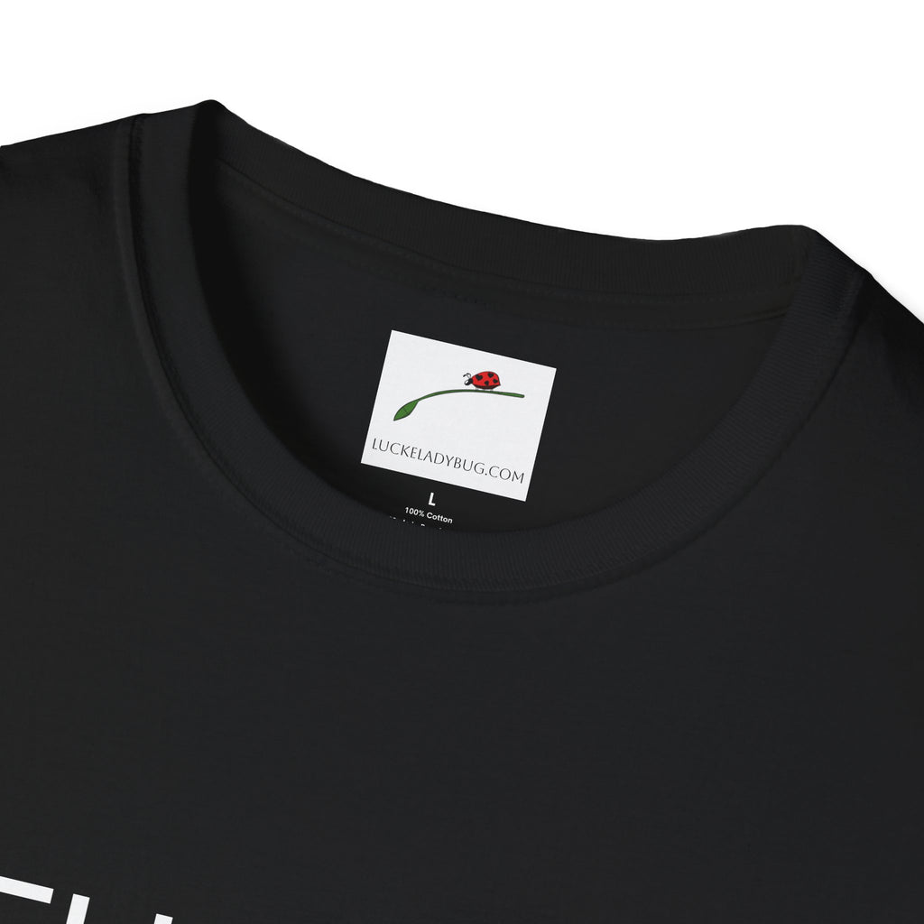 Black LuckeLadybug thirty something t shirt showing neckline and brand label