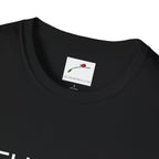 Black LuckeLadybug thirty something t shirt showing neckline and brand label