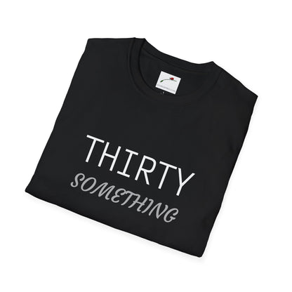 Black LuckeLadybug thirty something t shirt with white and gray text folded neatly