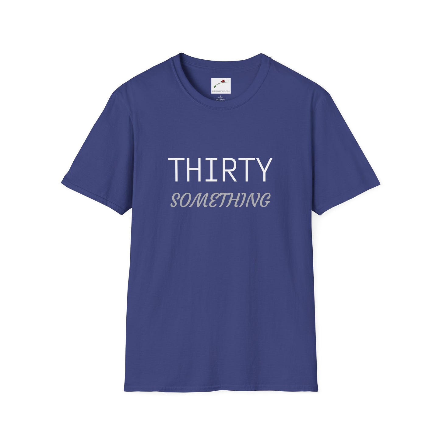 LuckeLadybug navy blue thirty something t shirt with white and gray text design