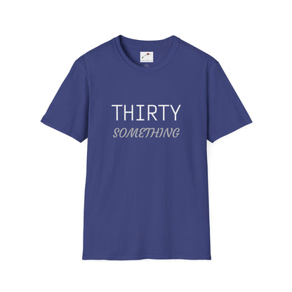 LuckeLadybug navy blue thirty something t shirt with white and gray text design