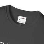 Close-up of LuckeLadybug thirty something t shirt collar tag on dark gray fabric