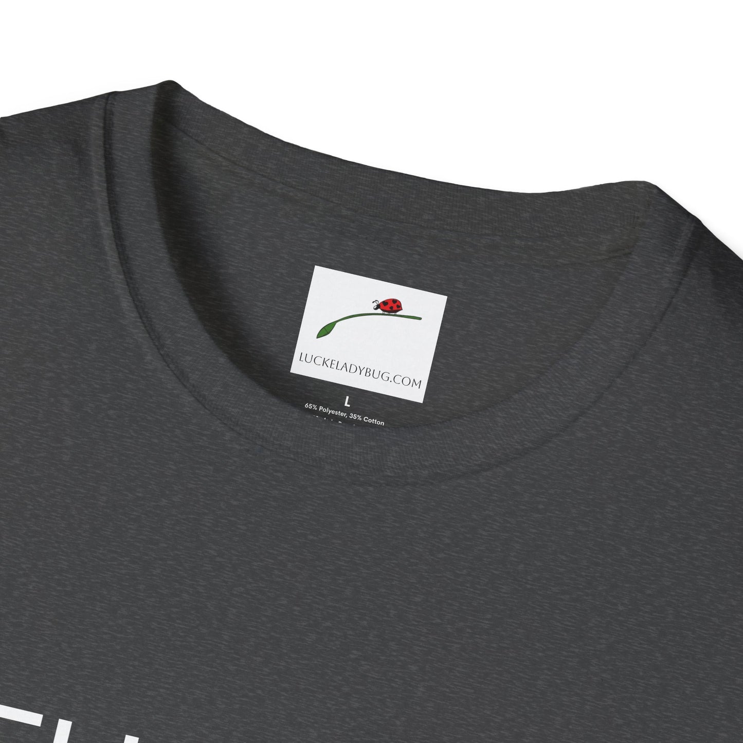Close-up of LuckeLadybug thirty something t shirt collar tag on dark gray fabric