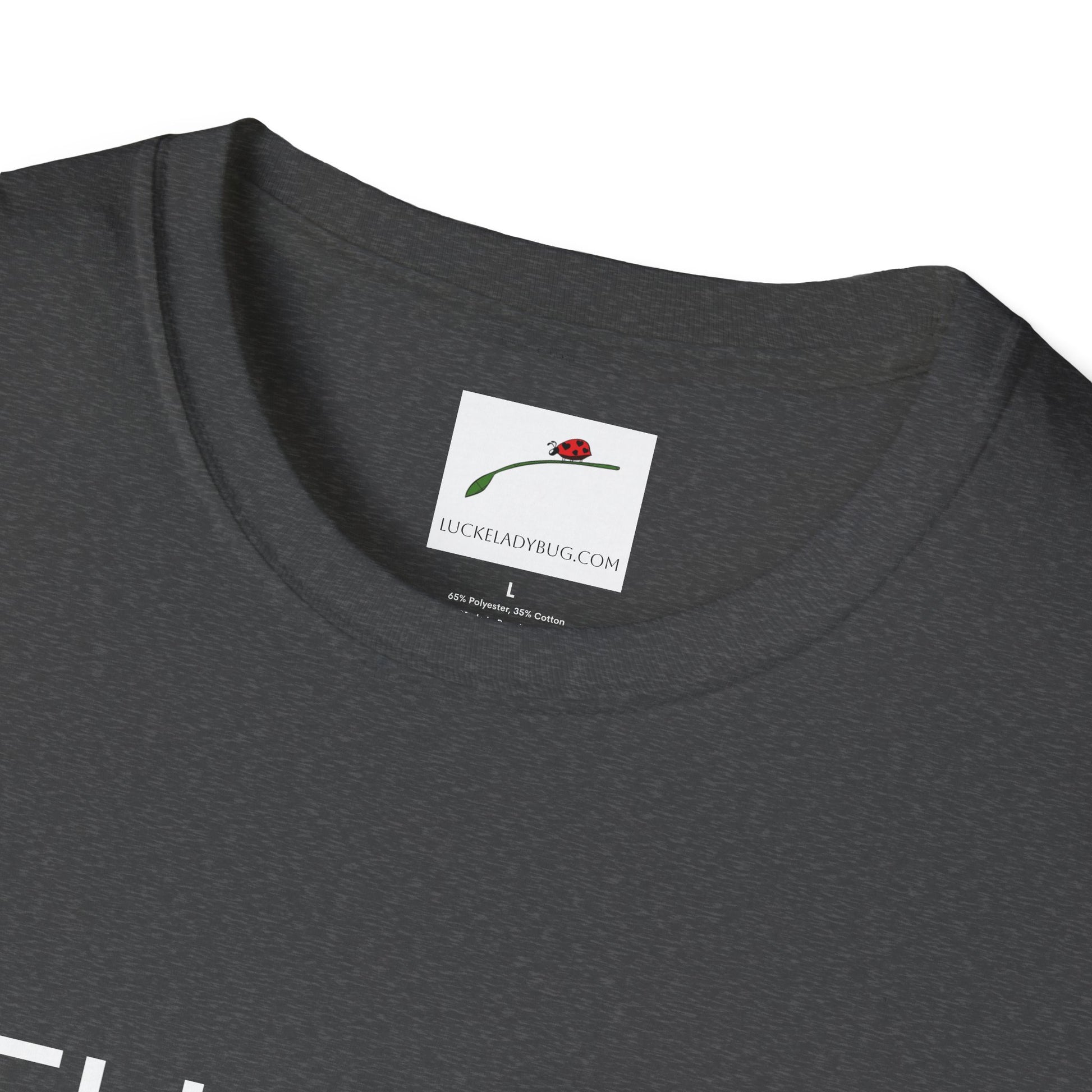 Close-up of LuckeLadybug thirty something t shirt collar tag on dark gray fabric
