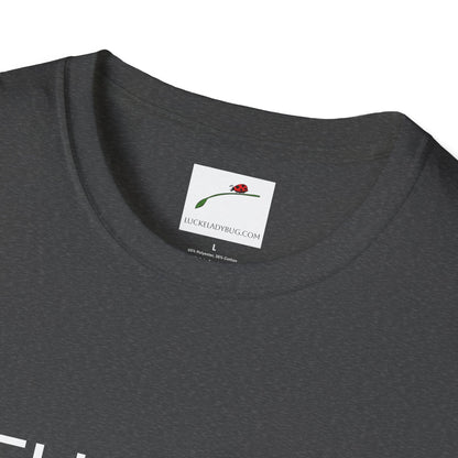 Close-up of LuckeLadybug thirty something t shirt collar tag on dark gray fabric