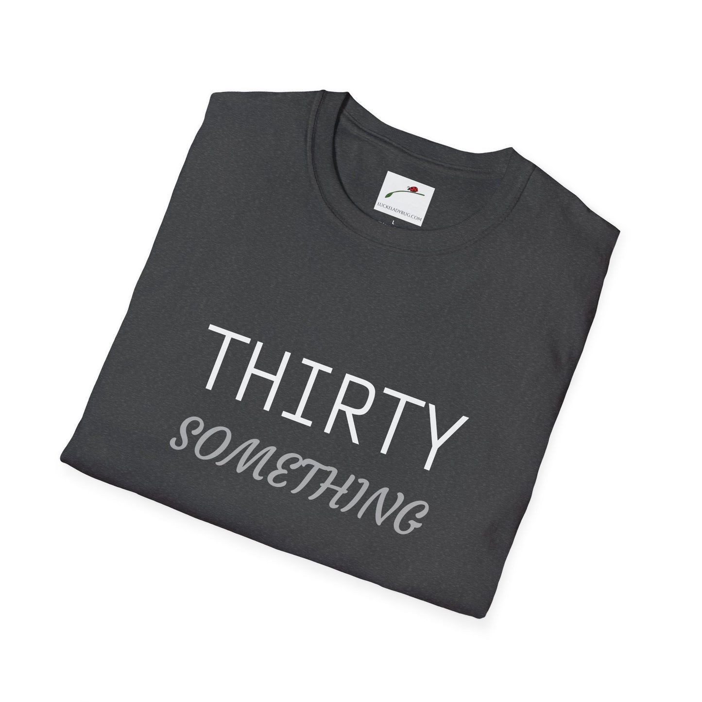 LuckeLadybug black thirty something t shirt with white and gray text folded neatly