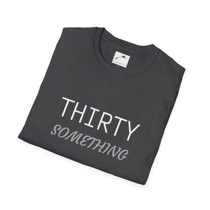 LuckeLadybug black thirty something t shirt with white and gray text folded neatly