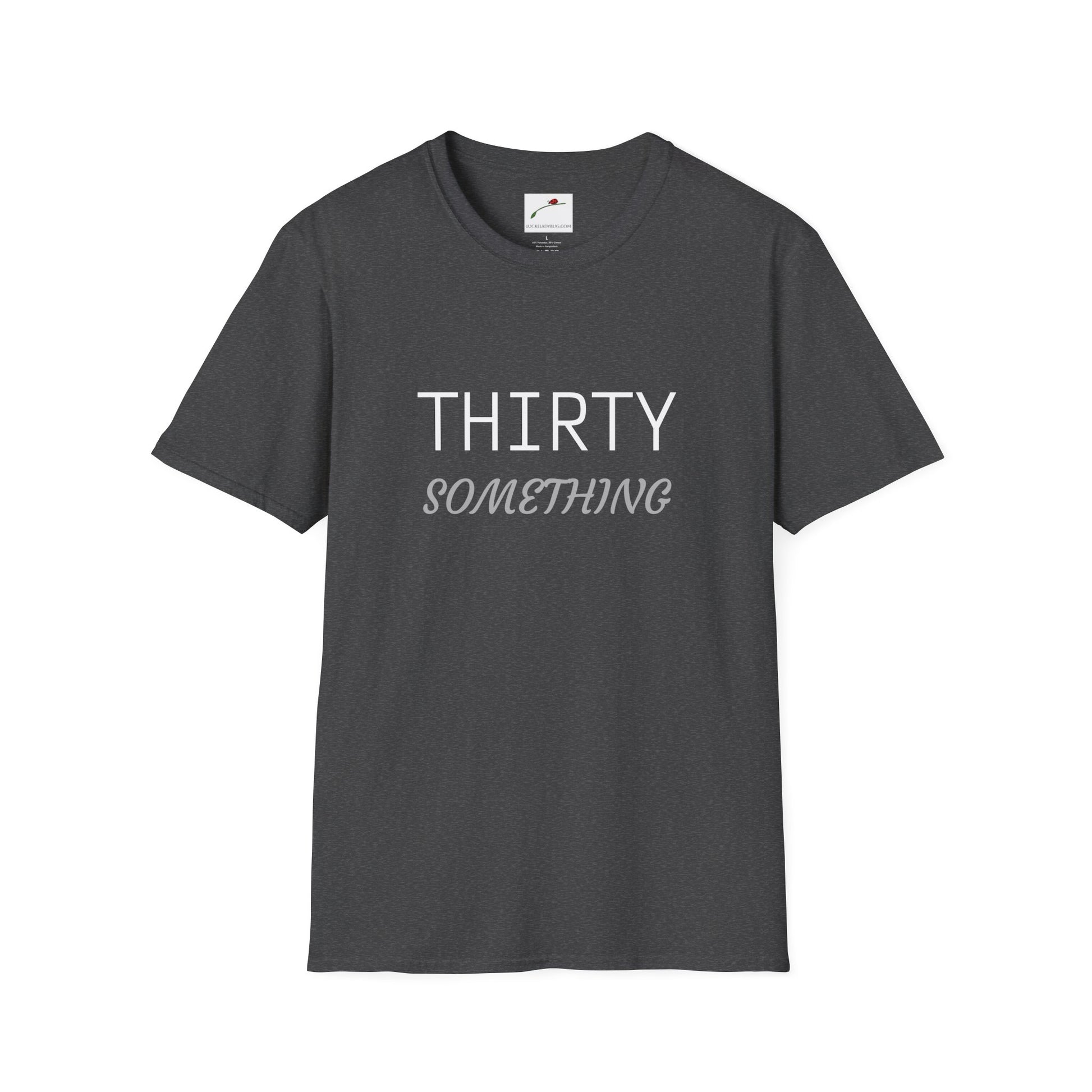 LuckeLadybug black thirty something t shirt with white and gray text design