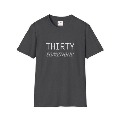 LuckeLadybug black thirty something t shirt with white and gray text design