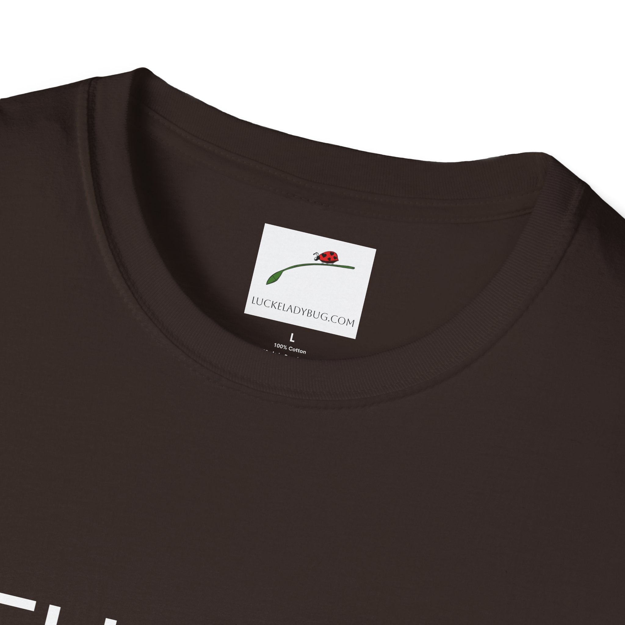 Close-up of black LuckeLadybug thirty something t shirt neckline and label
