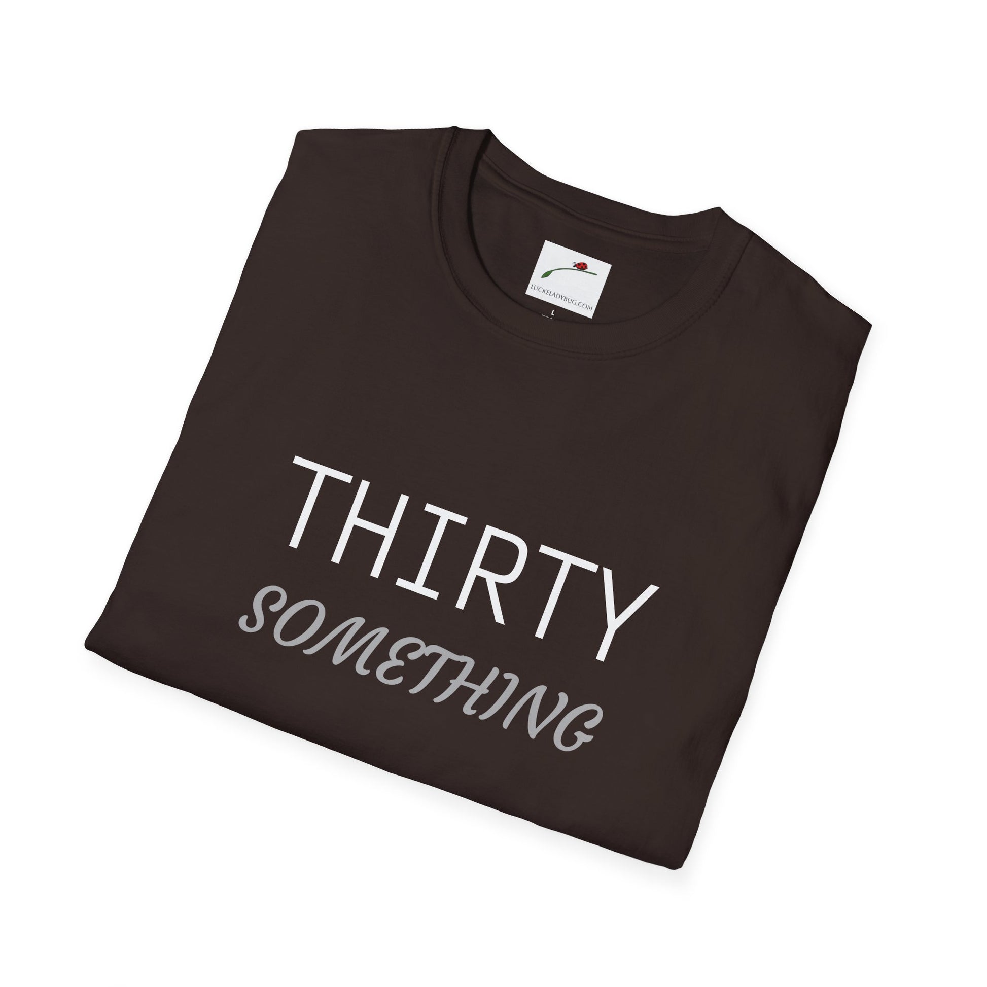 LuckeLadybug black thirty something t shirt with white and gray text folded