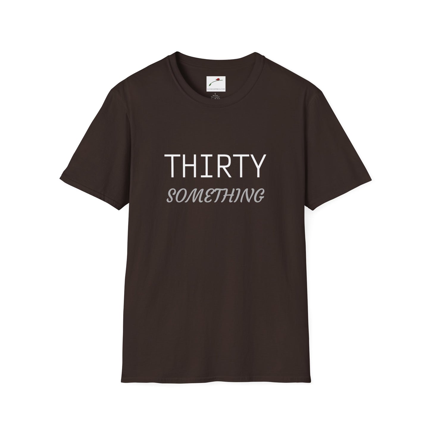 LuckeLadybug black thirty something t shirt with white and gray text for casual wear