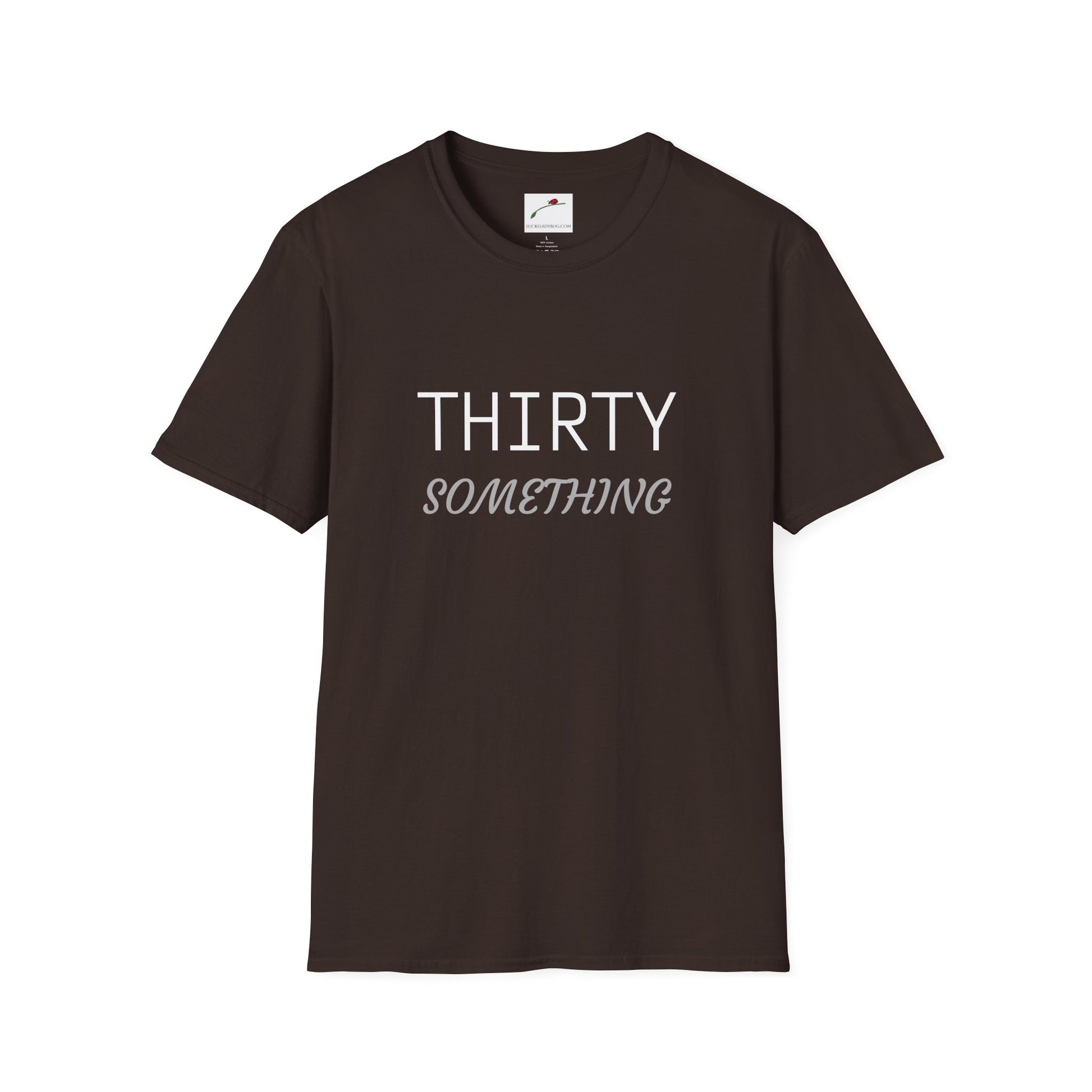 LuckeLadybug black thirty something t shirt with white and gray text for casual wear