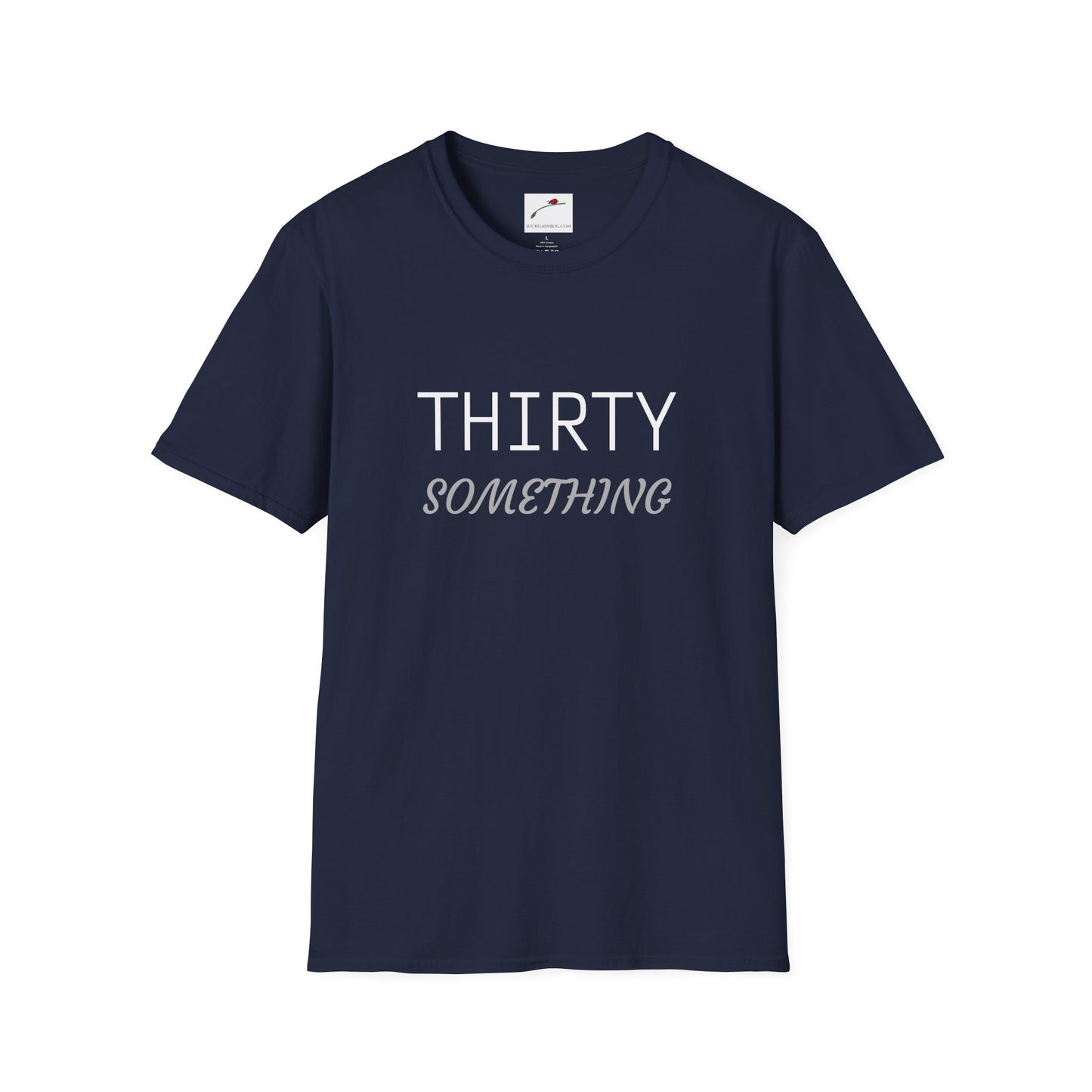 LuckeLadybug navy blue thirty something t shirt with simple text design on front