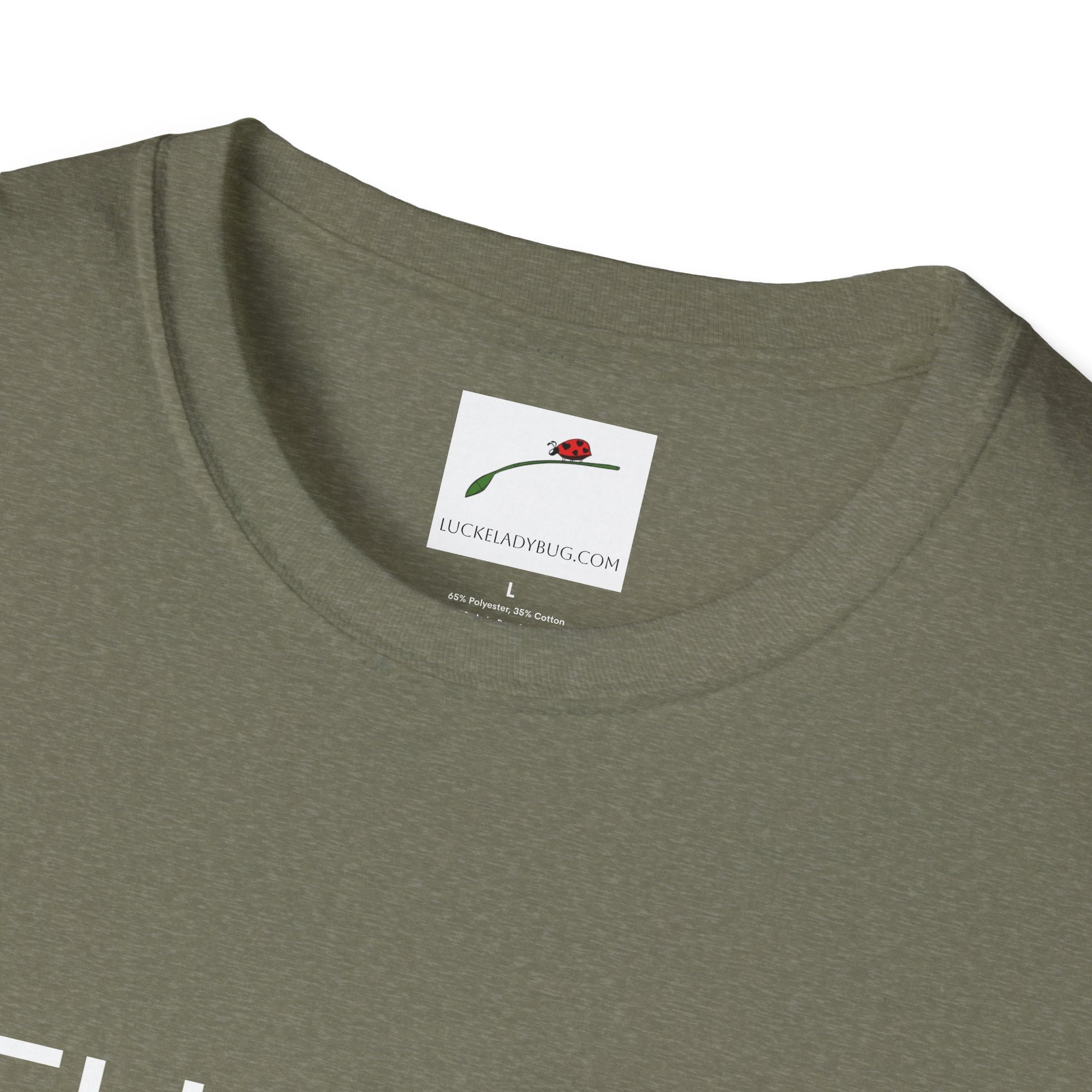 Olive green LuckeLadybug thirty something t shirt with crew neck close-up view
