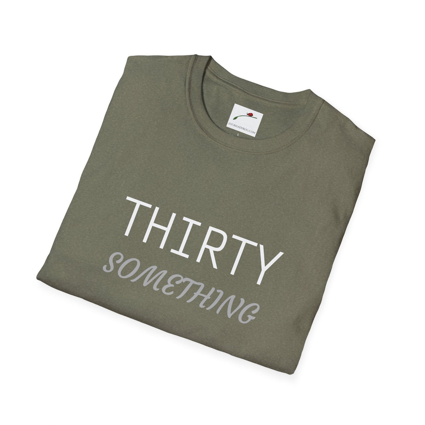 Olive green thirty something t shirt by LuckeLadybug with white and gray text design