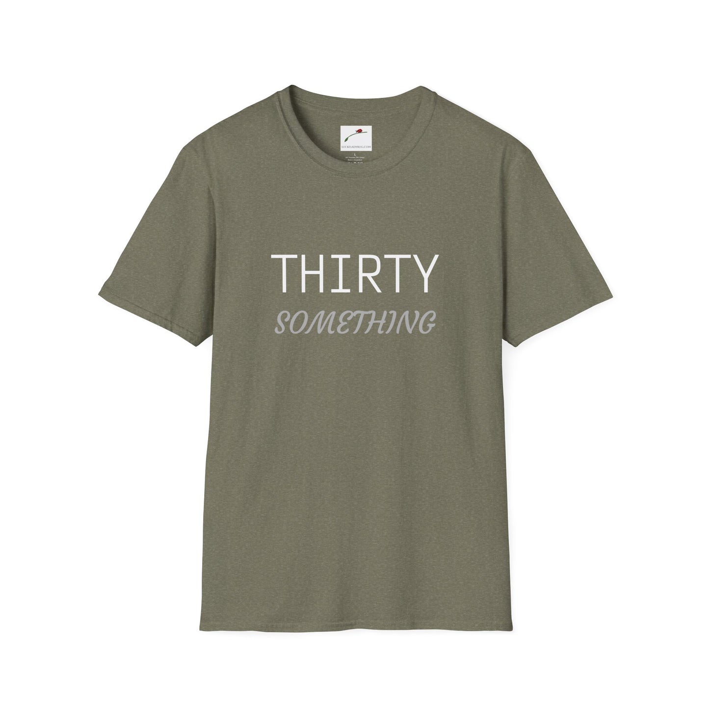 Olive green thirty something t shirt with white and gray text by LuckeLadybug