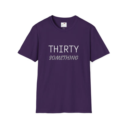Purple LuckeLadybug thirty something t shirt with white and gray text design